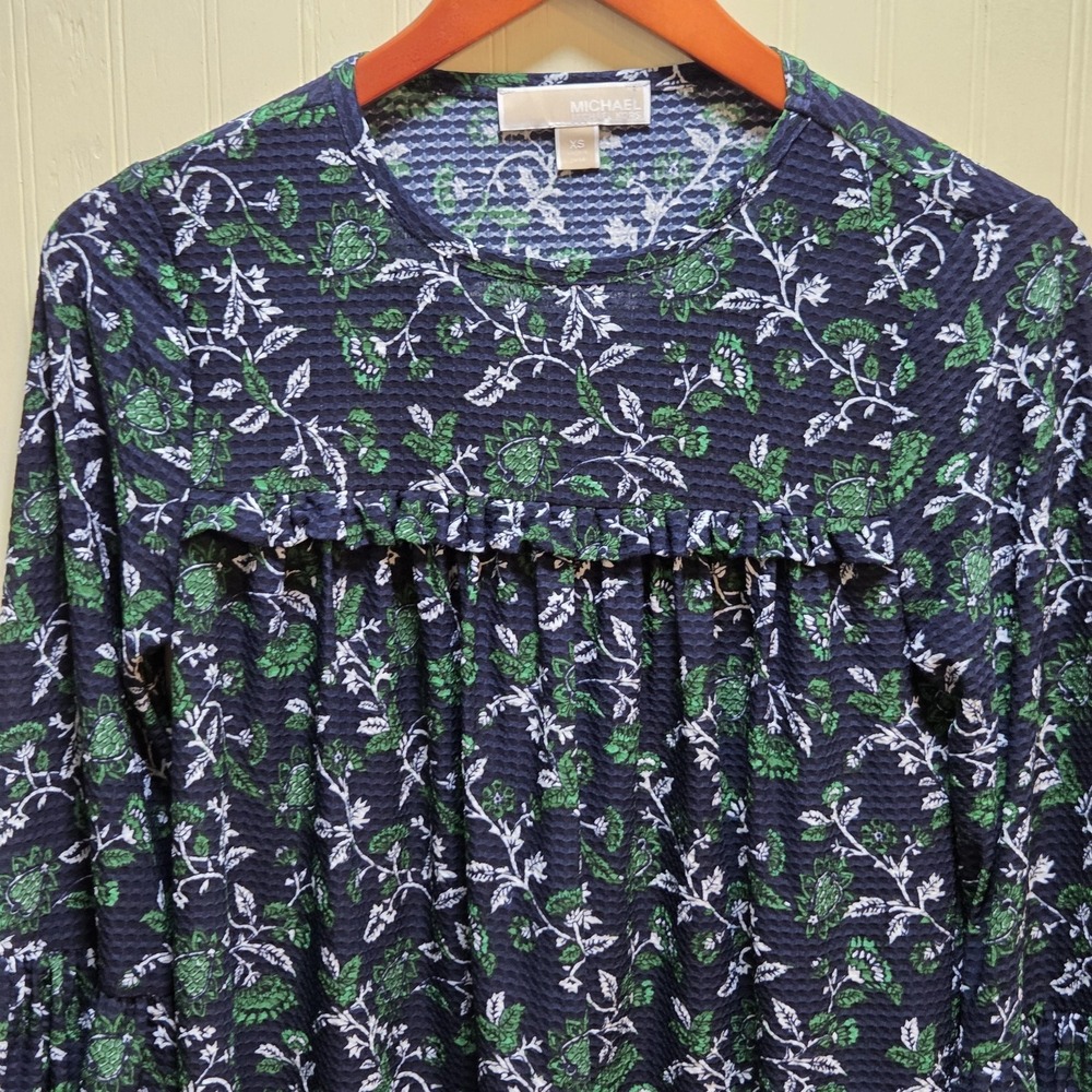 MICHAEL Michael Kors Blouse Womens XS Blue Floral‎ Ruffle Bell Sleeve Tunic Knit